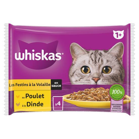 Whiskas sachets fraîcheur les festins à la volaille en sauce pour chat adulte 2 variétés 4x85g