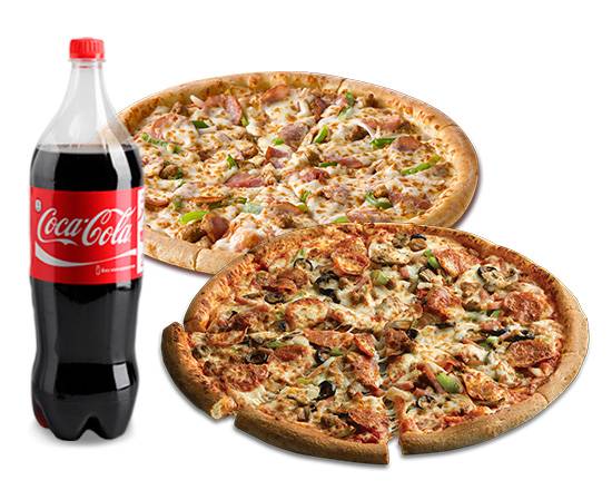 2 Pizzas Familiares Especialidad + Coca Cola gratis