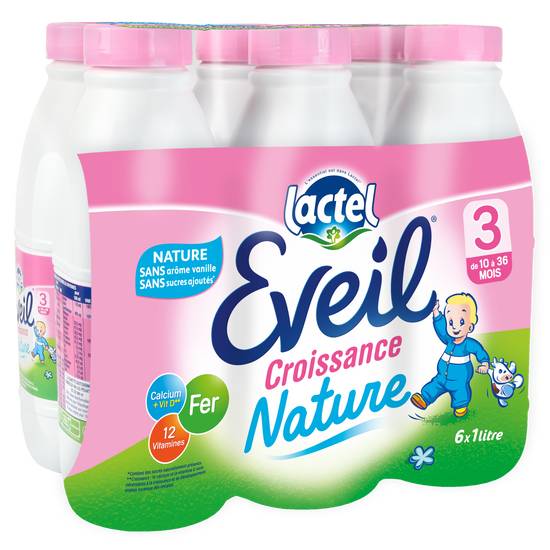 Lactel - Eveil lait nature sans arôme vanille, de 10 à 36 mois (6 pièces, 1L)