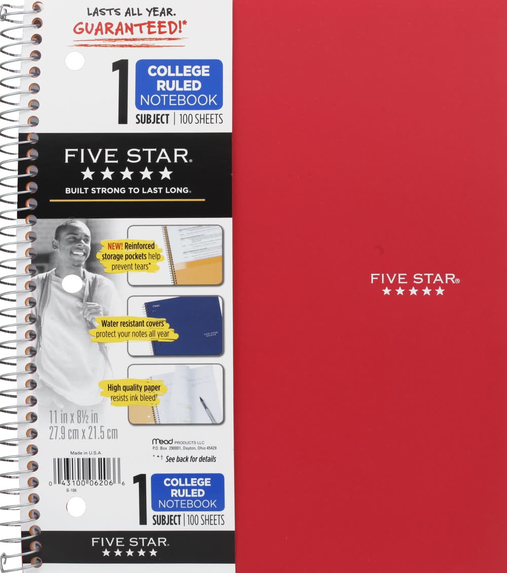 Mead Five Star 1 Subject College Ruled Notebook 100 Sheets