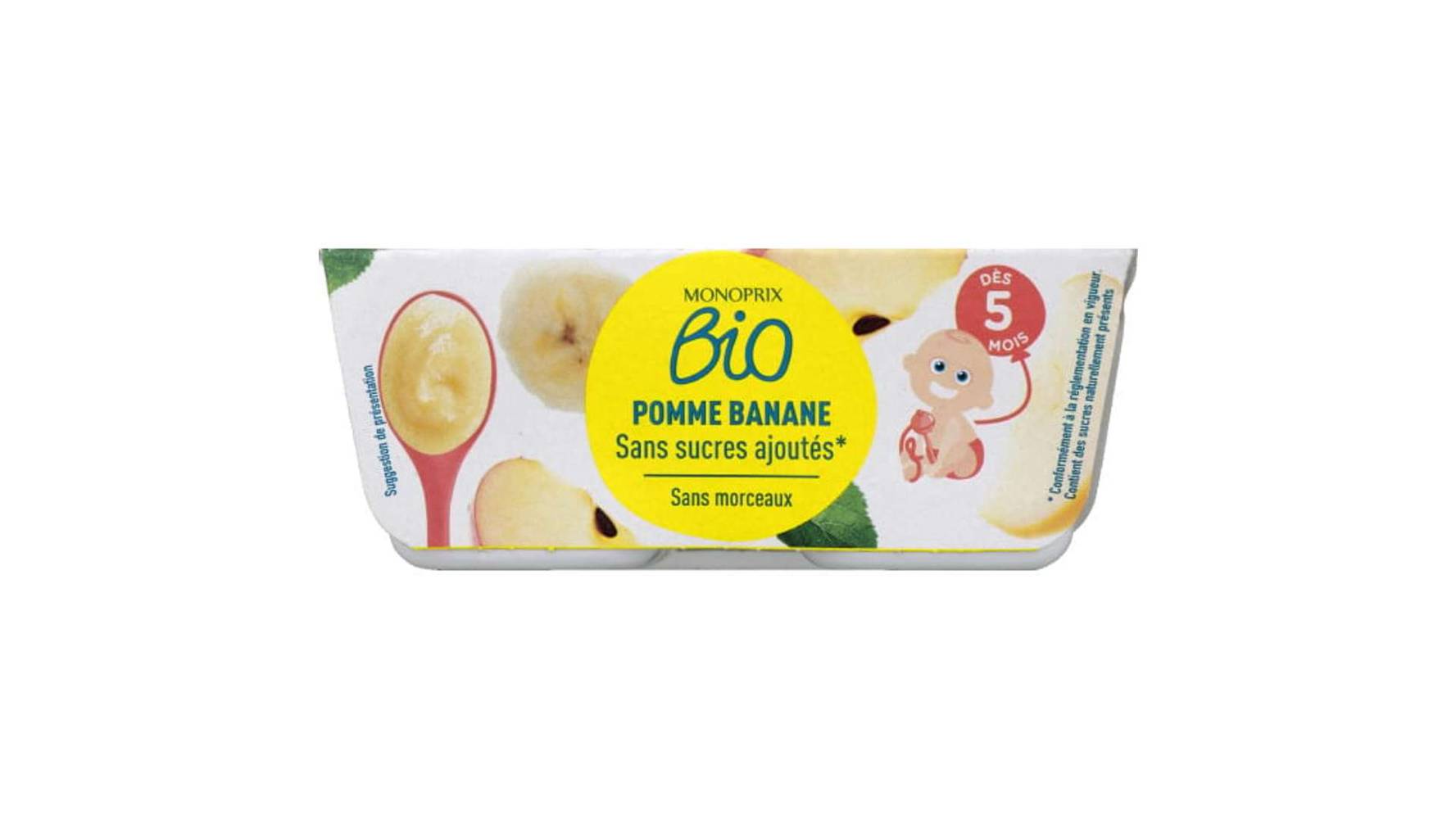 Monoprix Bio Compote pommes bananes sans sucres ajoutés bio, dès 5 mois Les 4 pots de 100 g