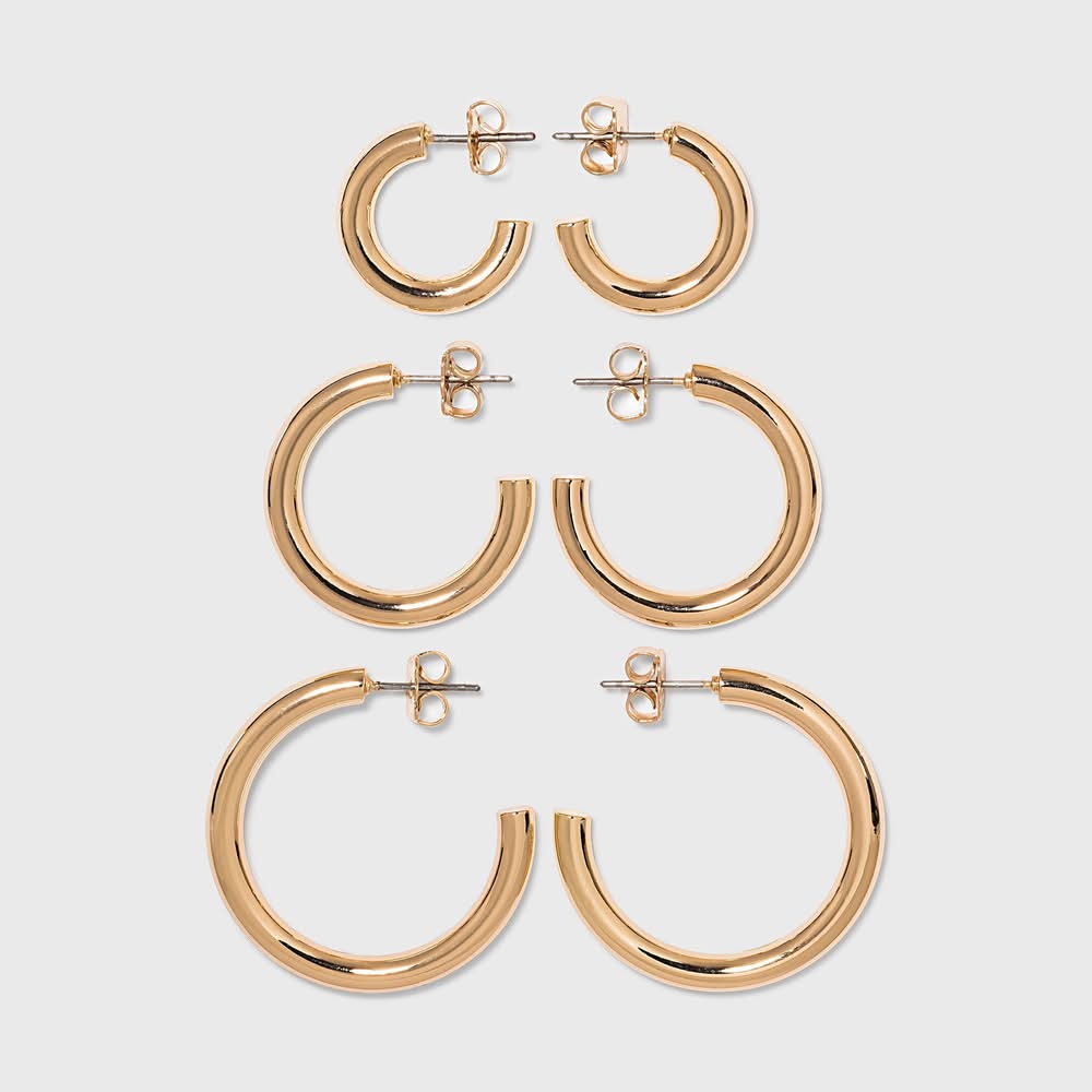 A New Day Pipe Hoop Earring Set, 0.7 in, Gold (3 ct)