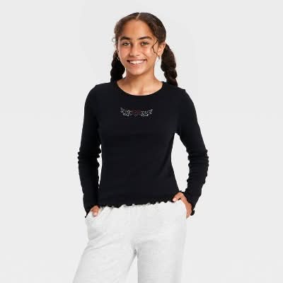 Girls' Long Sleeve Embellished Ribbed T-Shirt - art class™ Black L