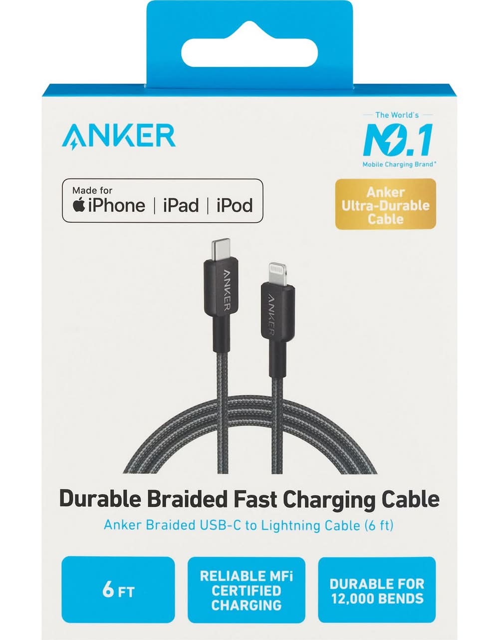 Anker Braided 6-Foot Usb-C To Lightning Cable, Black