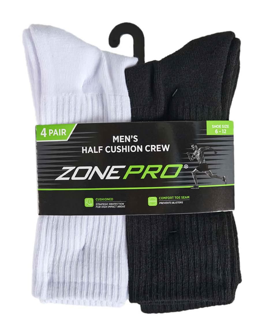 Zone Pro Men?S Half Cushion Assorted Crew Socks Size 6 To 12 4 Pk