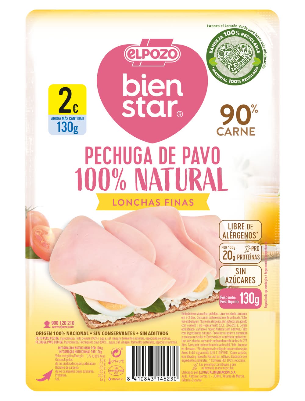 Pechuga de pavo 100% natural · ElPozo Bienstar (130 g)