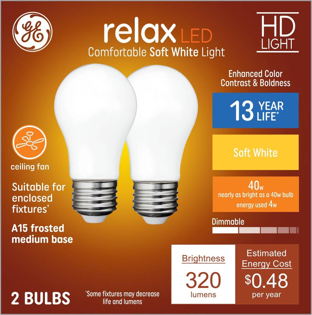 GE Relax HD 40-Watt EQ A15 Soft White Medium Base (e-26) Dimmable LED General Purpose Light Bulb (2-Pack) | 42227