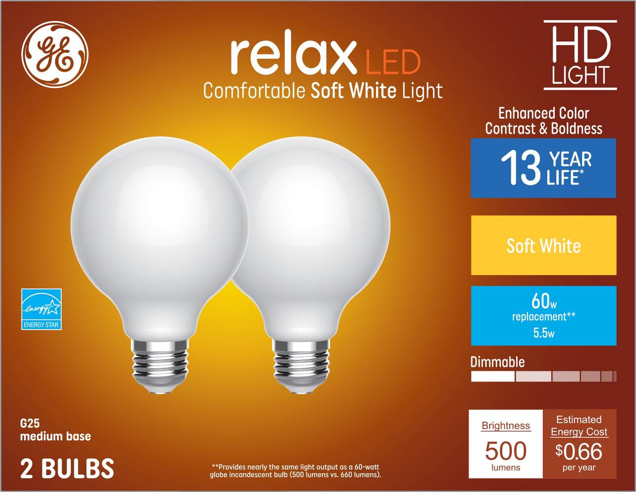 GE Relax HD 60-Watt EQ G25 Soft White Medium Base (e-26) Dimmable LED Decorative Light Bulb (2-Pack) | 42261