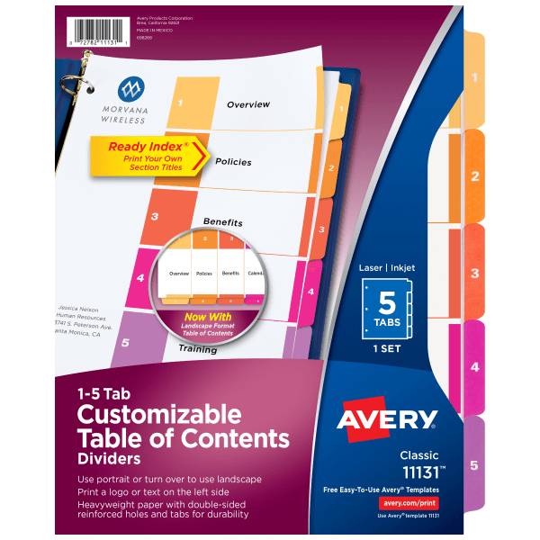 Avery Ready Index 1-5 Tab Binder Dividers With Customizable Table Of Contents 5 Tab White Multicolor