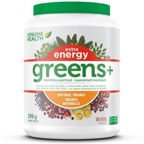 Genuine Health Greens+ Extra Energy, Green Superfood Powder, Non Gmo, Natural Orange, 399g, 30 Servings (natural orange, 399g)
