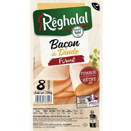 Bacon de dinde fumé au bois de hêtre - réghalal - 120g