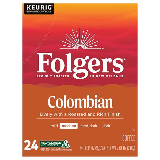 Folgers 100% Colombian Coffee Medium Roast K-Cup Pods For Keurig K-Cup Brewers (7.61 oz)