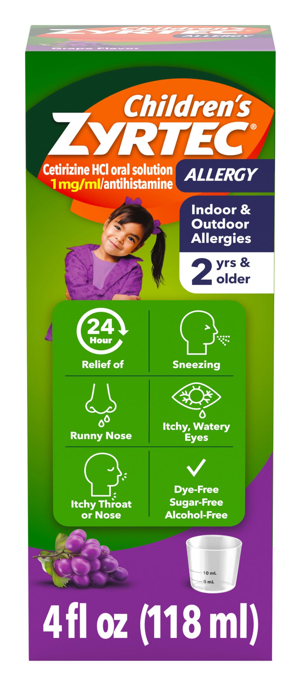 Zyrtec Children’s 24 Hour Allergy Relief Syrup 1 mg 2 Years & Older, Grape (4 fl oz)