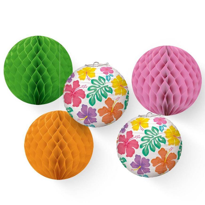 Summer Hibiscus Honeycomb Balls (12in) Paper Lanterns (9.5in), 5ct