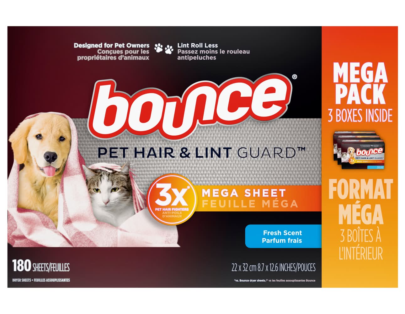 Bounce Pet Hair & Lint Guard Dryer Sheets, Fresh, 8.7x12.6 in (3 x 60 ct)