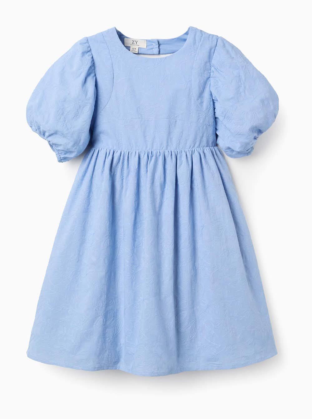 Vestido De Algodão Com Bordado E Mangas Balão Para Menina, Azul-Claro (Azul Claro - 5/6)