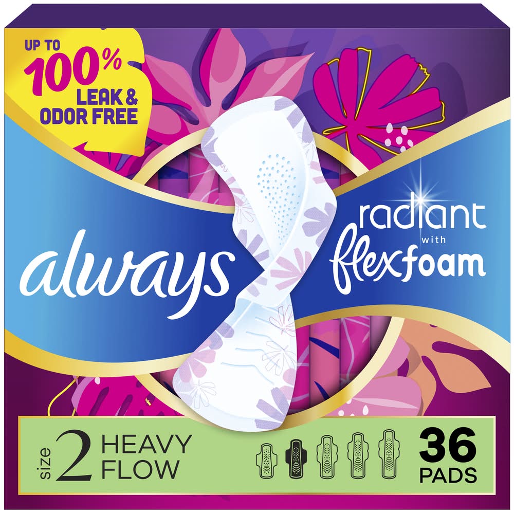 Always Radiant Flexfoam Heavy Flow Pads With Wings, 2 (11 oz, 36 ct)