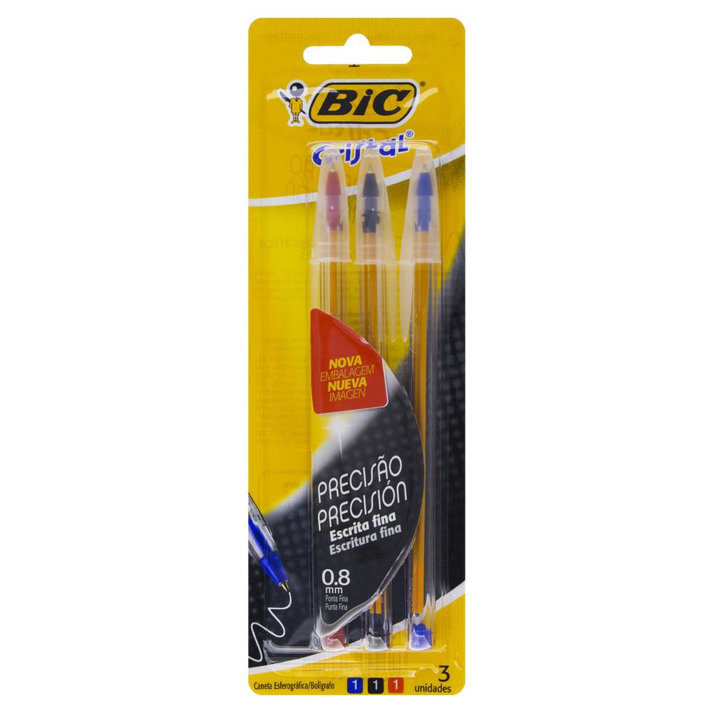 Bic caneta esferográfica cristal fina 0,8mm (azul/preta/vermelha ) (3 un)