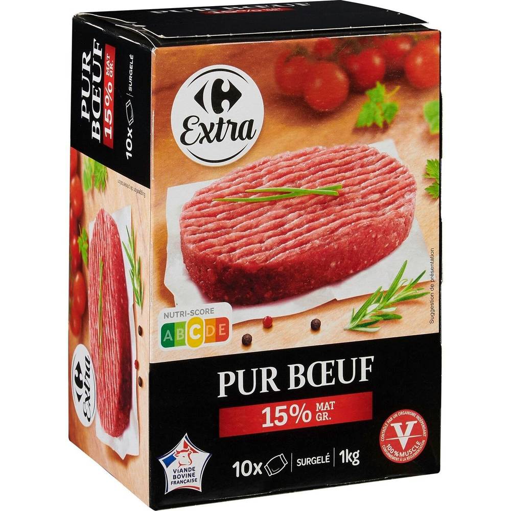 Steaks hachés pur bœuf 15% MG CARREFOUR EXTRA - les 10 hachés de 100g