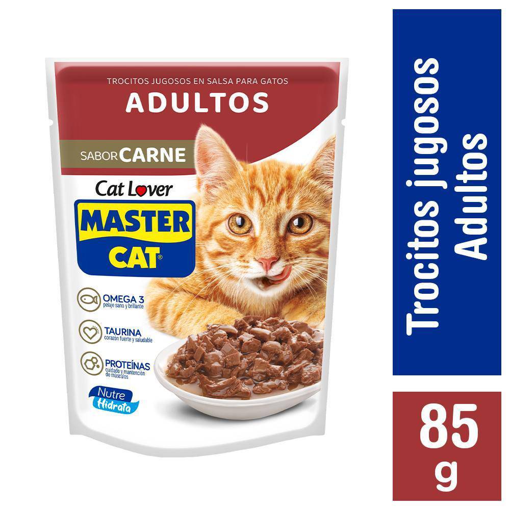 Master Cat · Alimento húmedo para gato trocitos jugosos sabor carne (85 g)