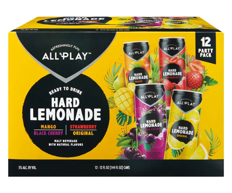 All Play Hard Lemonade Malt Beverage Variety pack, Mango-Black Cherry-Strawberry-Original (12 x 12 fl oz)