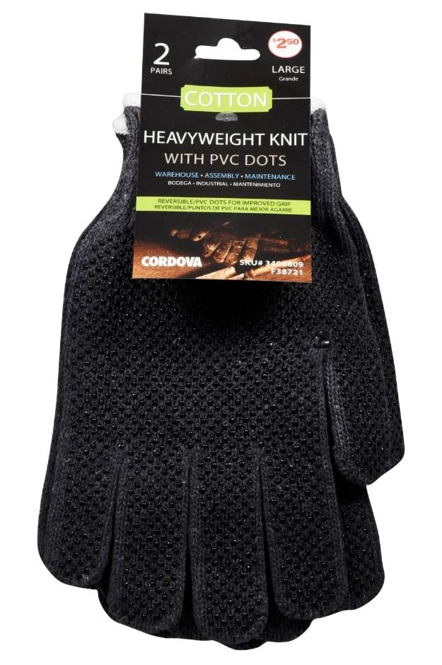 Cordova Heavyweight Cotton Knit Gloves, L, Black (2 x 4 ct)
