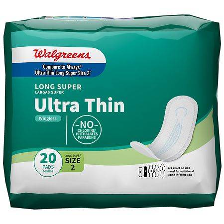 Walgreens Ultra Thin Long Super Maxi Pads Without Wings Unscented Size 2