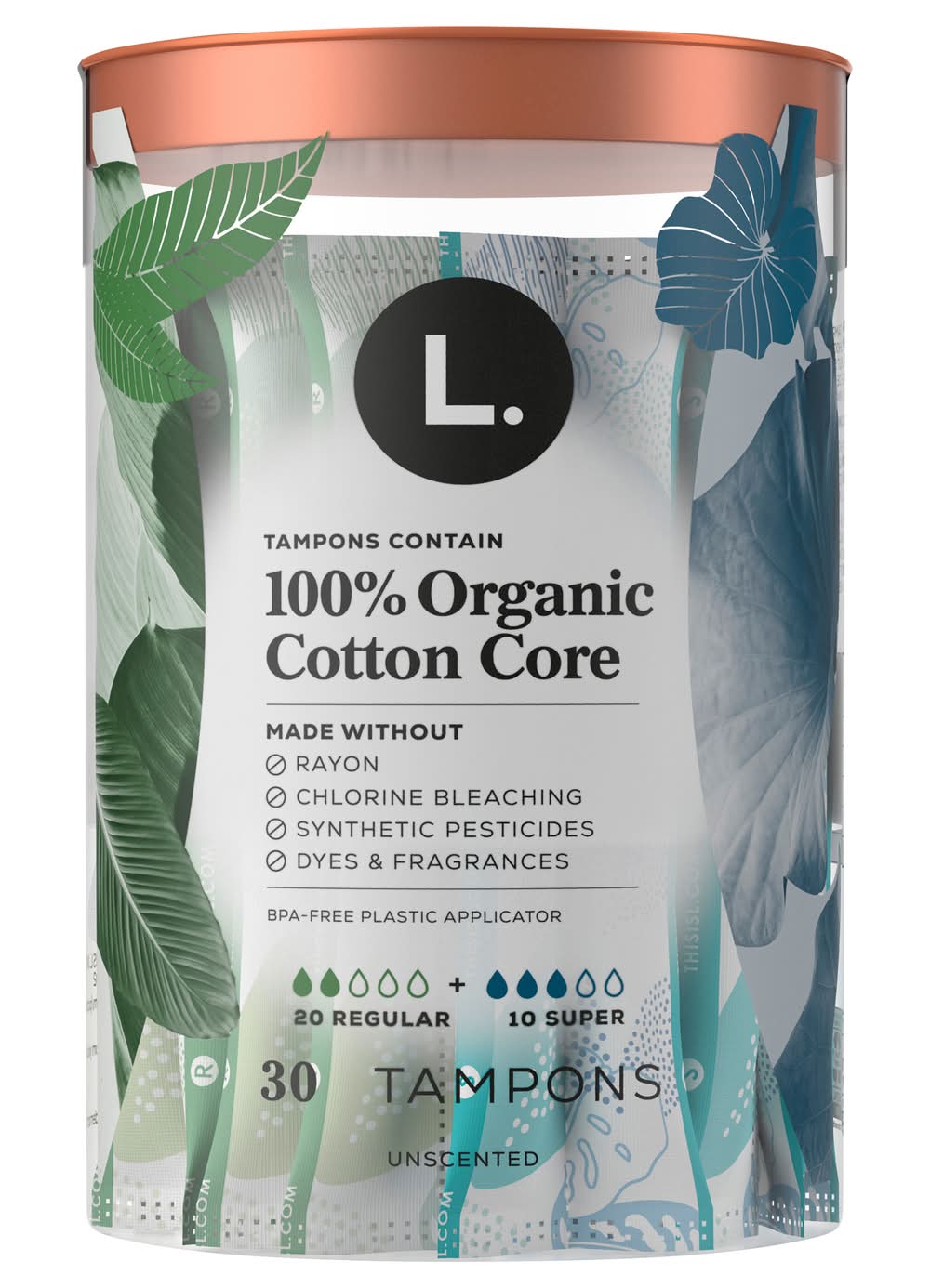 L. Regular & Super 100% Organic Cotton Core Fiber Tampons, Women (30 ct)
