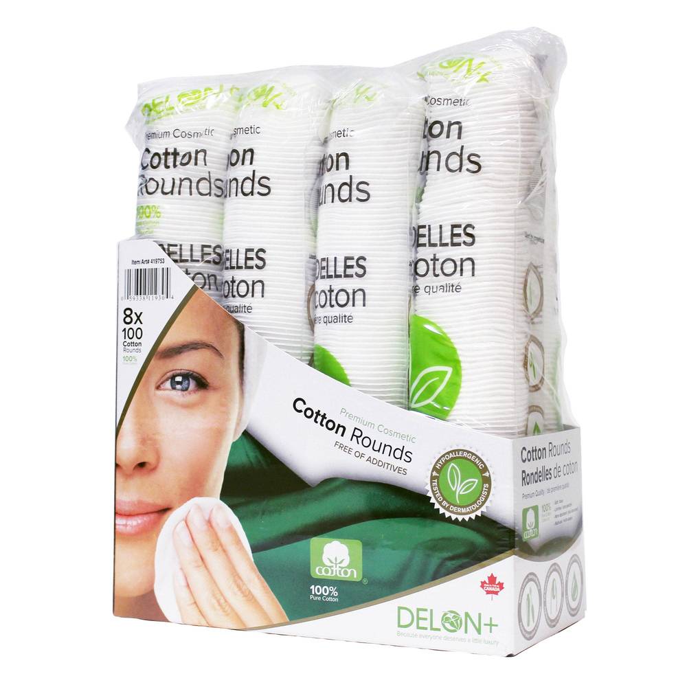 Delon Premium Cosmetic Cotton Rounds, 8-Packs Of 100