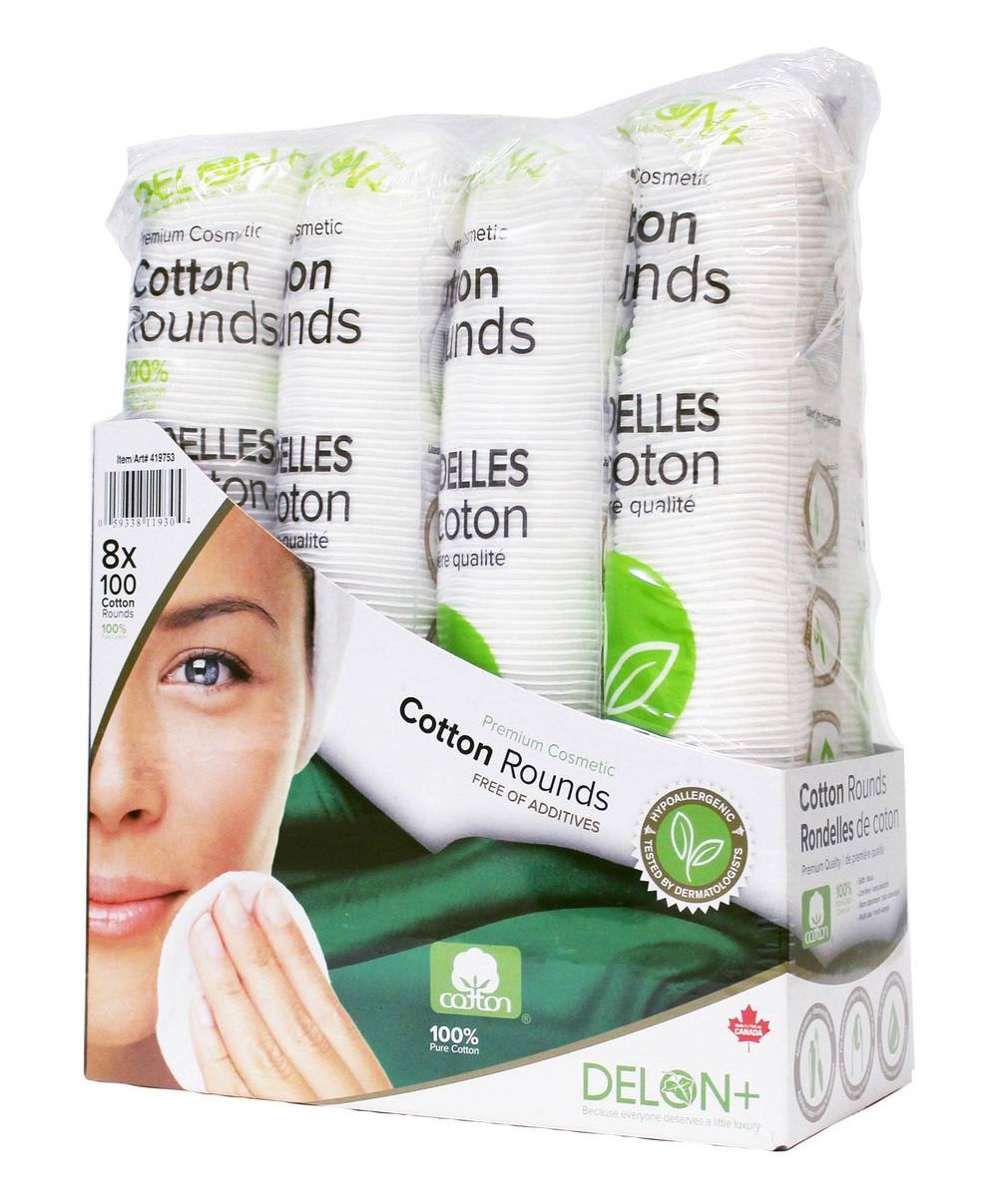 Rondelles De Coton De Première Qualité Delon, 8 Paquets De 100 / Delon Premium Cosmetic Cotton Rounds, 8-Packs Of 100