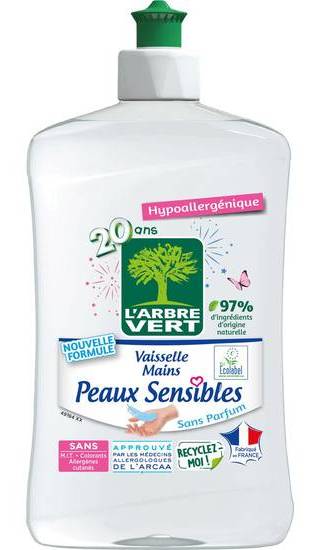 L'arbre vert vaisselle mains ecolabel peaux sensibles - hypoallergénique - 97% d'ingrédients d'origine naturelle - 500ml