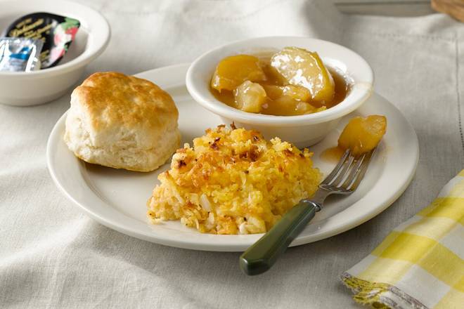 Hashbrown Casserole, Fried Apples n' Biscuit