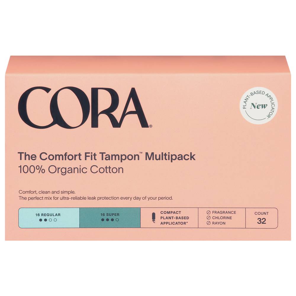 Cora Organic Cotton Tampons Regular & Super With Plant-Based Applicator (32ct)