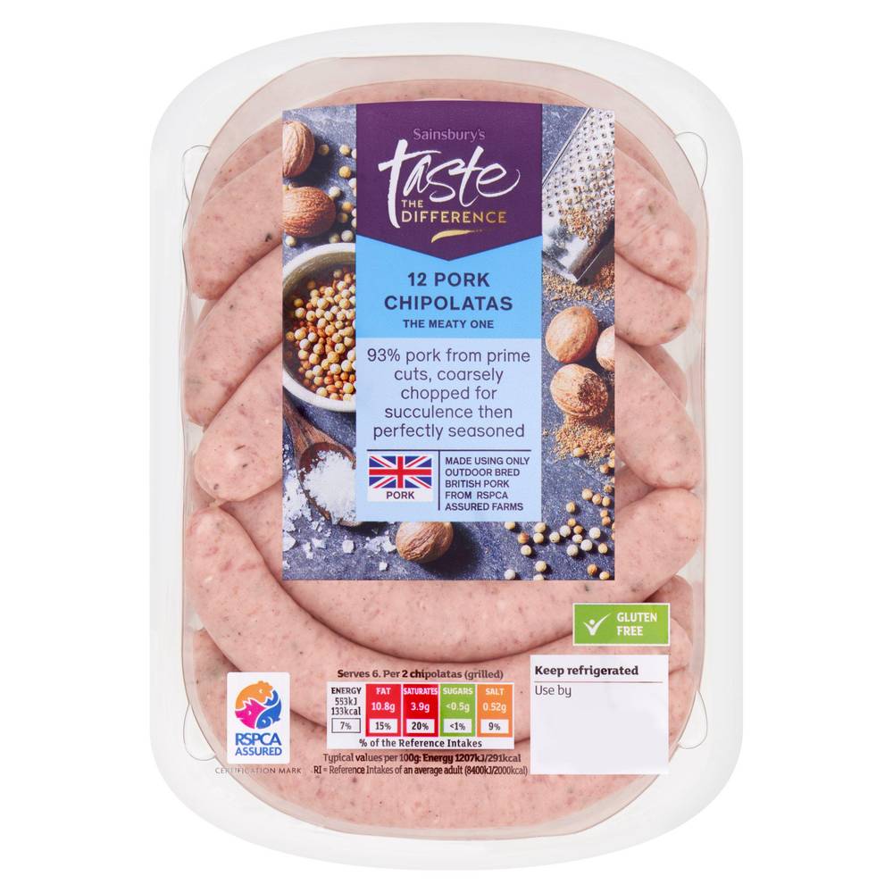 SAVE £1.17 Sainsburys British Pork Chipolata sausages, Taste the Difference x12 375g