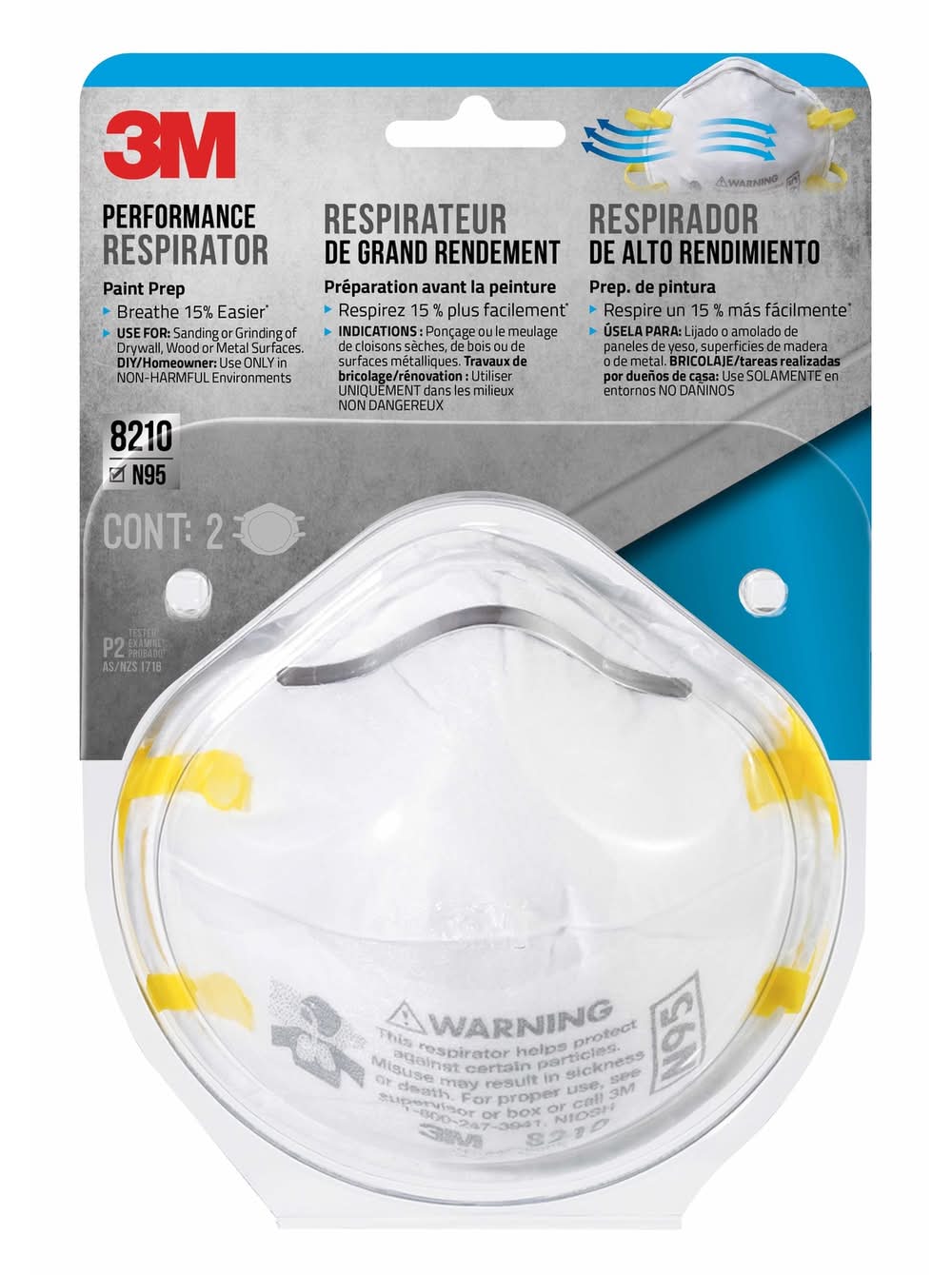3M N95 Paint Prep Cup Disposable Respirator White One Size Fits All 2 Pc