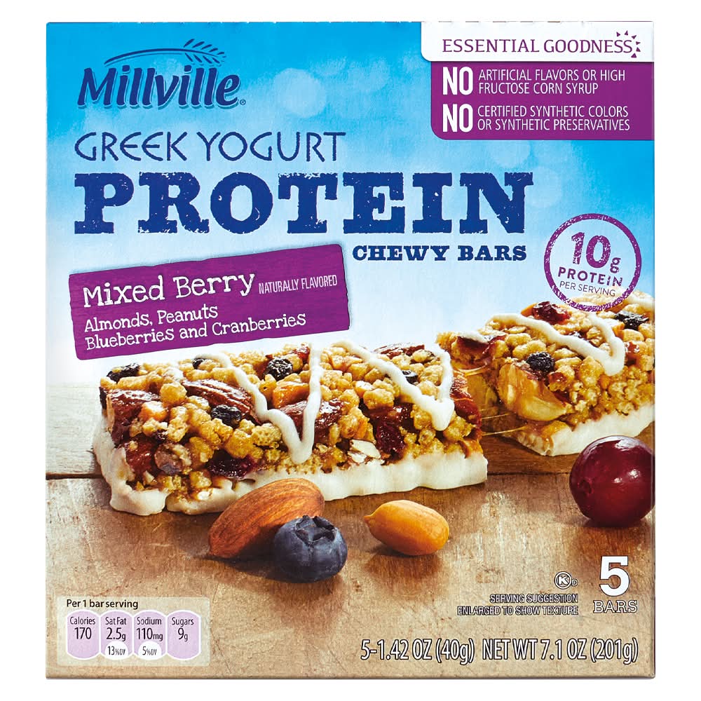 Millville Greek Yogurt Protein Chewy Bars, Mixed Berry (5 x 1.42 oz)