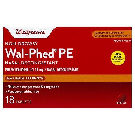Walgreens Wal-Phed Pe Nasal Decongestant Tablets, Pseudoephedrine Free (18 ct)