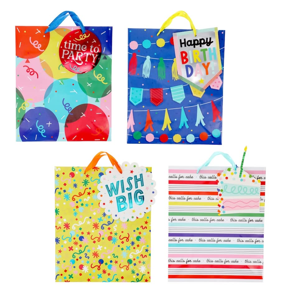 Voilà Gender Neutral Birthday Gift Bags, 10x12 in, Assorted (4 ct)