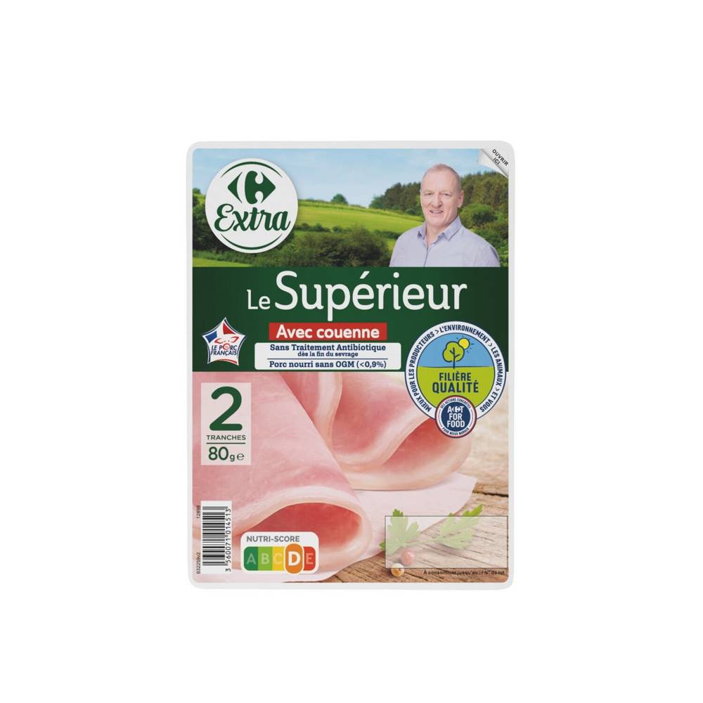 Carrefour Extra - Jambon le supérieur avec couenne (2 pièces)