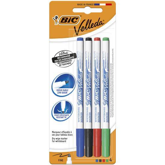 Bic velleda 1721 feutres pour tableau blanc effaçables à sec pointe conique fine - couleurs assorties, blister de 4