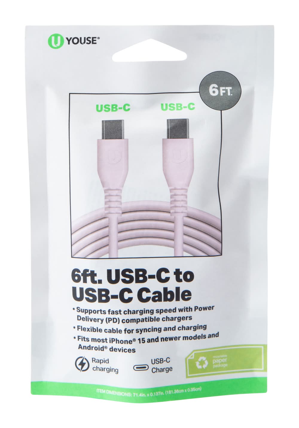 6ft USB-C To USB-C Cable Pink