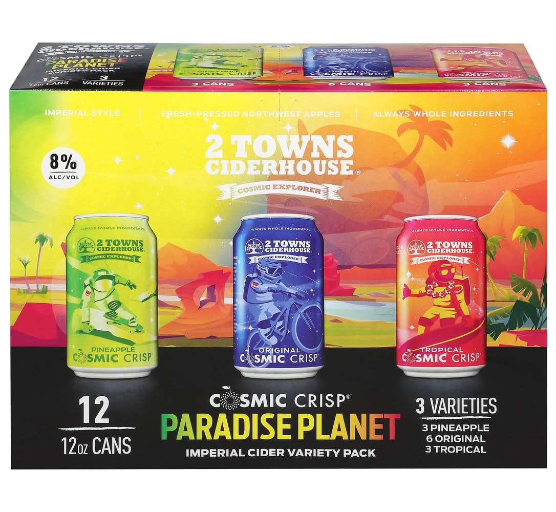 2 Towns Ciderhouse Cosmic Crisp Paradise Planet Imperial Cider Beer Variety pack, Assorted (12 x 12 oz)