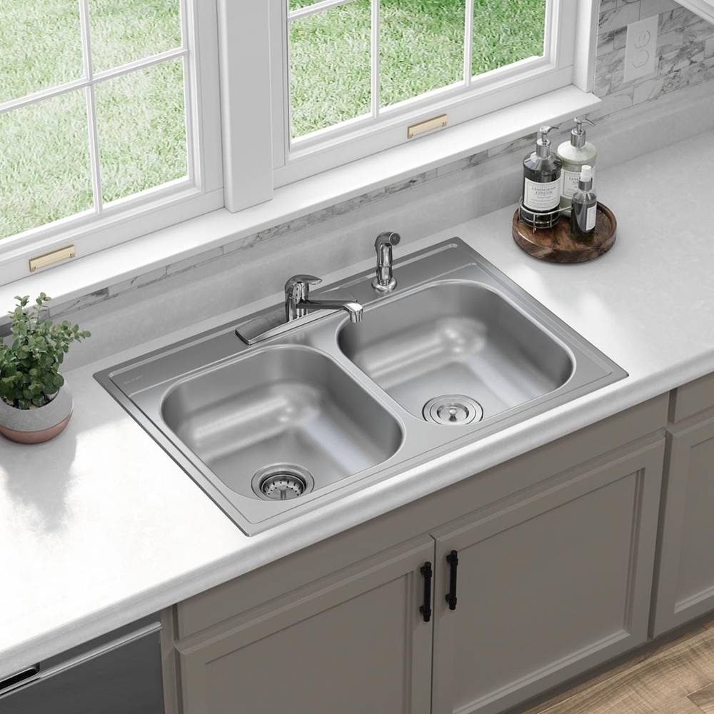 Elkay Dayton Drop-In 33-in x 22-in Stainless Steel Double Equal Bowl 4-Hole Kitchen Sink | LWDB332264N