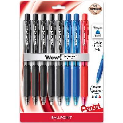 Pentel Wow! Ballpoint Pens 1mm, Medium , Black - Blue - Red (8 ct)