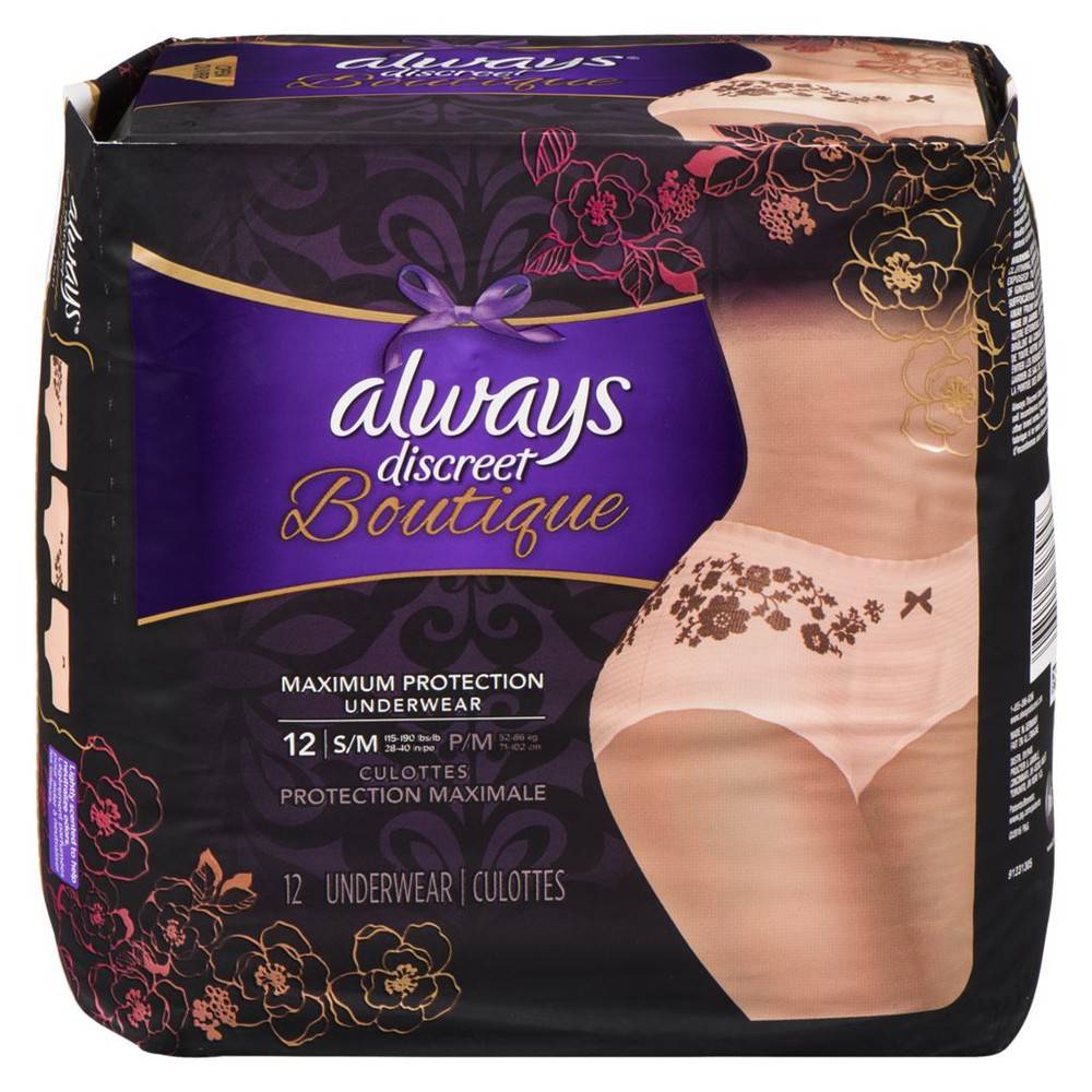 Always Discreet Discreet Boutique, Incontinence Underwear For Women, Maximum Protection, Small/Medium (12 ea)