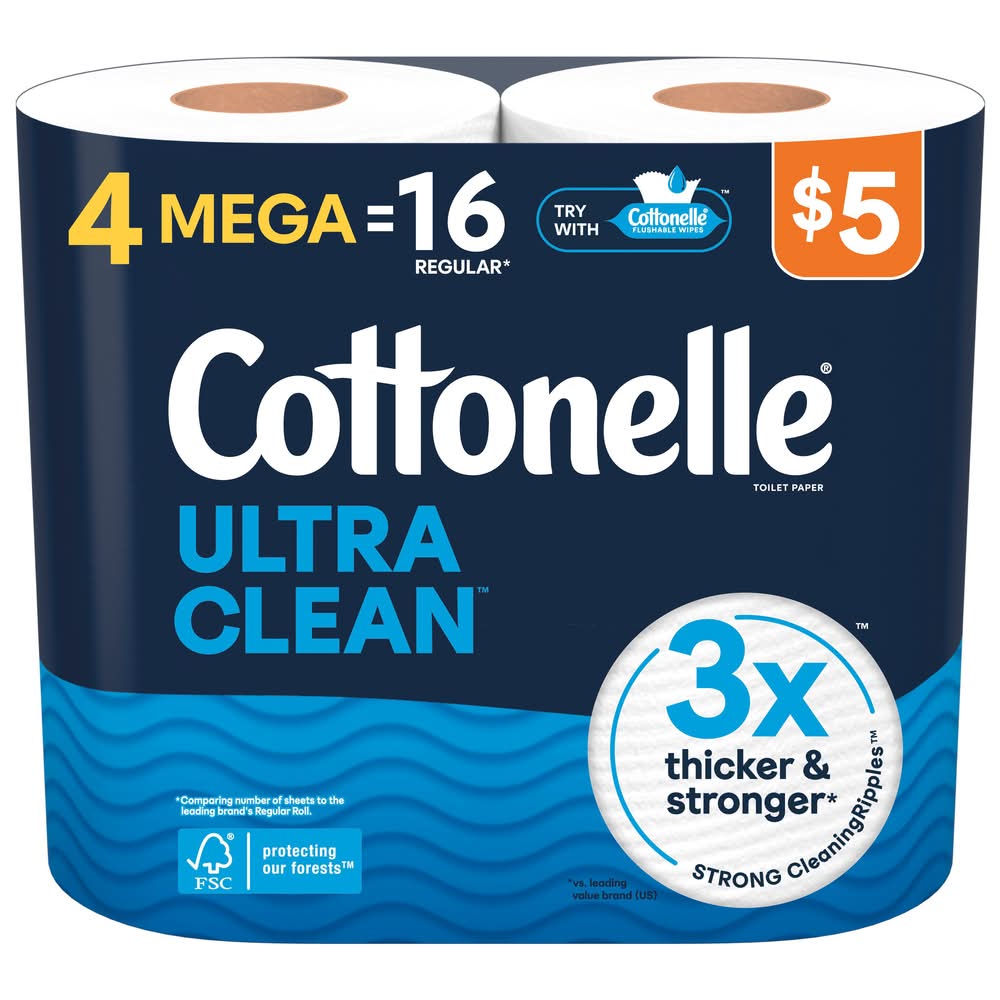 Cottonelle Ultra Clean Toilet Paper, 3.82x4 in, White (4 x 16 ct)