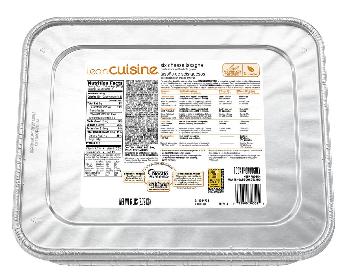 Lean Cuisine Six Cheese Lasagna Pasta Tray (6 lbs)