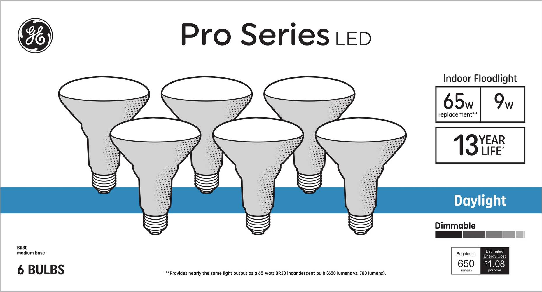 GE Pro Series 65-Watt EQ BR30 Daylight Medium Base (e-26) Dimmable LED Spot and Flood Light Bulb (6-Pack) | 93130741