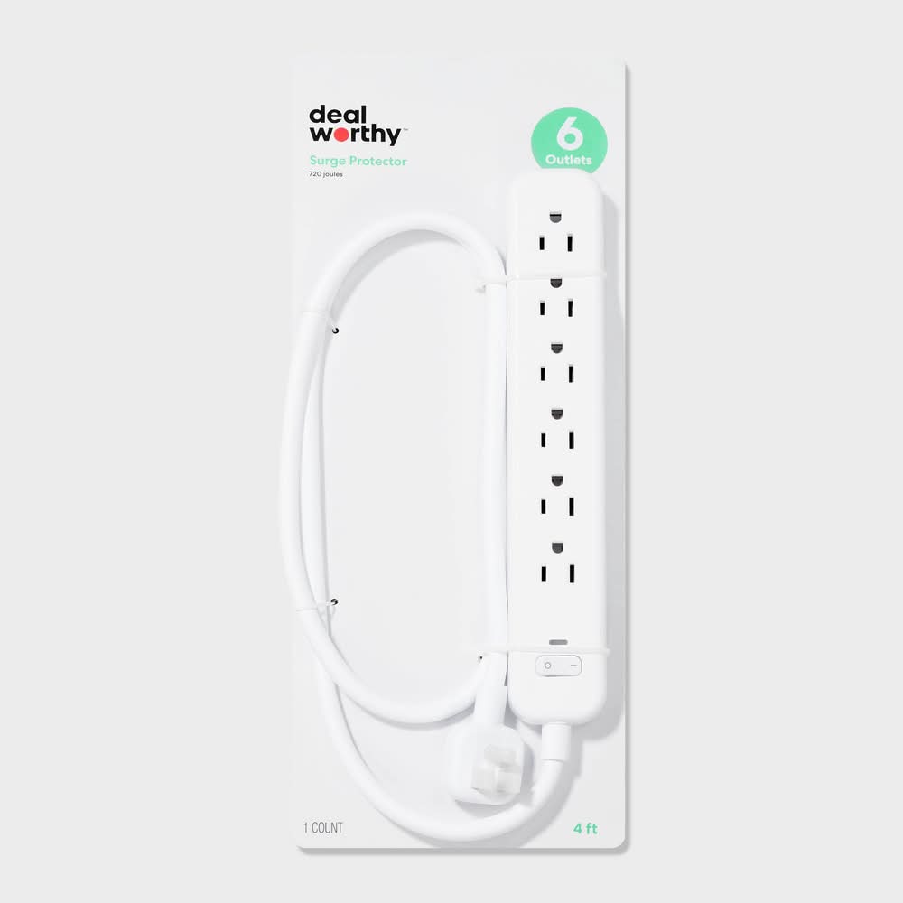 Dealworthy 6-Outlet Surge Protector With Extension Cord, 4 ft