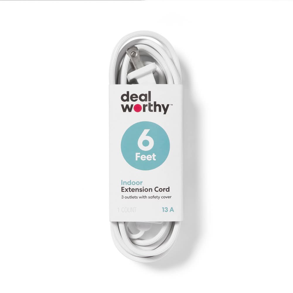 Dealworthy Outlet Indoor Extension Cord With 3 Outlets With Safety Cover, 6 ft, White